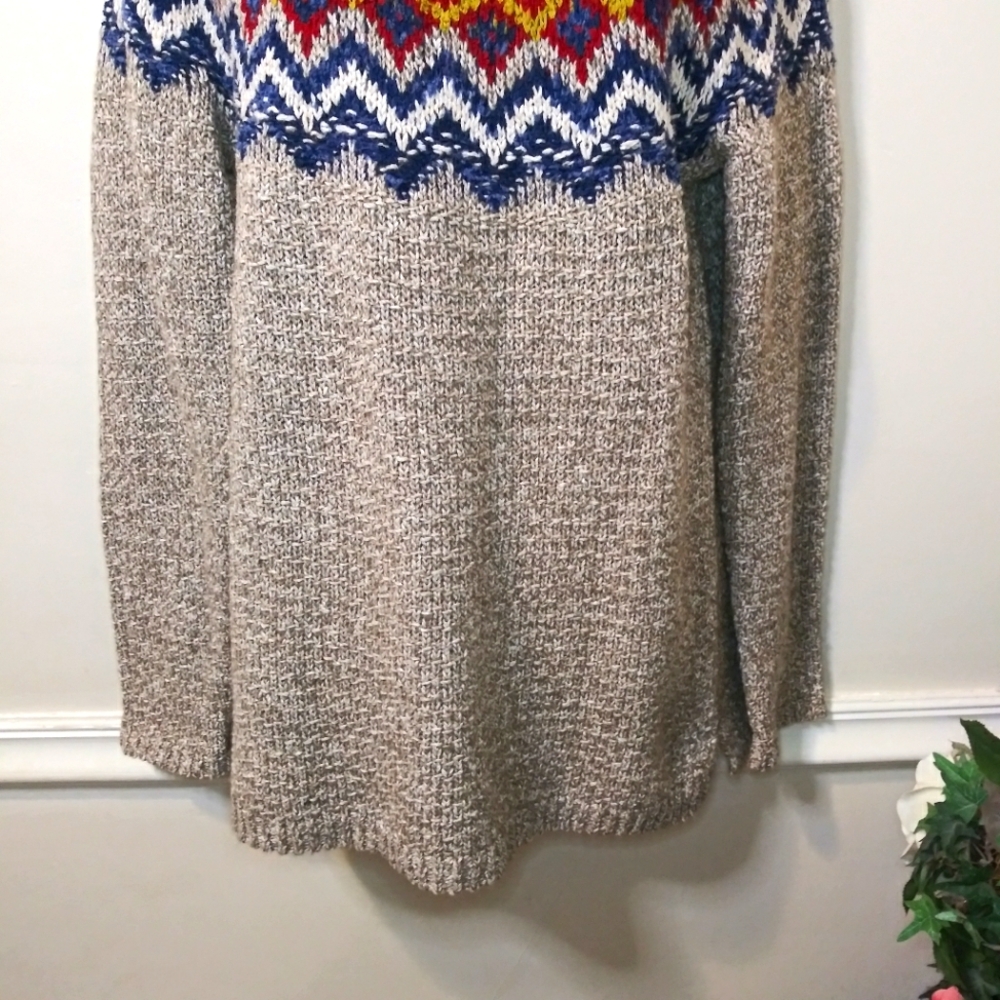 J. Jill Perfect Pumpkin Patch Taupe Blue Burgundy & Gold Fair Isle Tunic Sweater - Picture 5 of 11